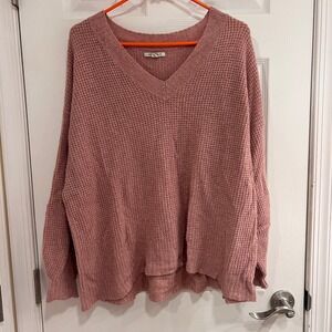American Eagle Women L Pink Waffle Knit V-Neck Pullover Sweater High‎ Low Hem